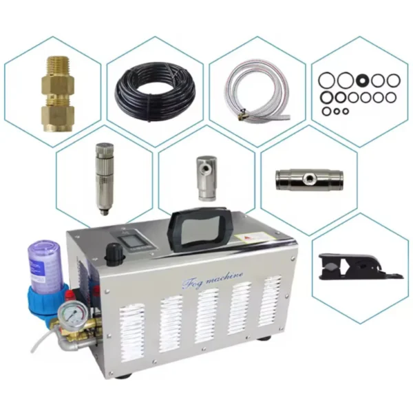 Fog Machine Mist System,2L/min, SS Cover, With Digital Timer, Crank Pump (3 Plungers), 220V/110V,50Hz/60Hz,550W,60Bar, 860PSI,4-10℃,2L/min,200㎡,30m Nylon  Hose, 30 Nozzles And 31 Slip Lock Connectors - Image 2