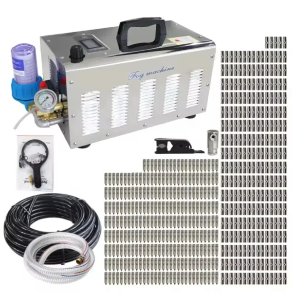 Fog Machine Mist System,2L/min, SS Cover, With Digital Timer, Crank Pump (3 Plungers), 220V/110V,50Hz/60Hz,550W,60Bar, 860PSI,4-10℃,2L/min,200㎡,30m Nylon  Hose, 30 Nozzles And 31 Slip Lock Connectors - Image 7